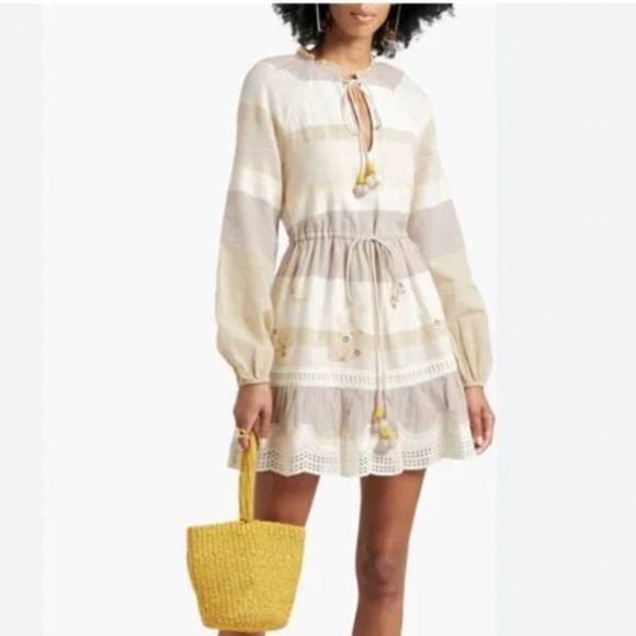 Hemant & Nandita Women's Mana Dress Embroidered Striped Boho Chic  NWT - Picture 1 of 4